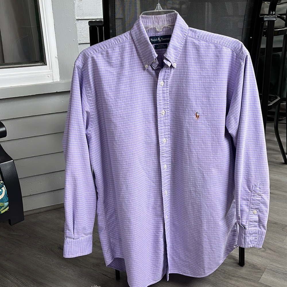 Ralph Lauren shirt with button-down collar.  Size XL. Lavender and white check.